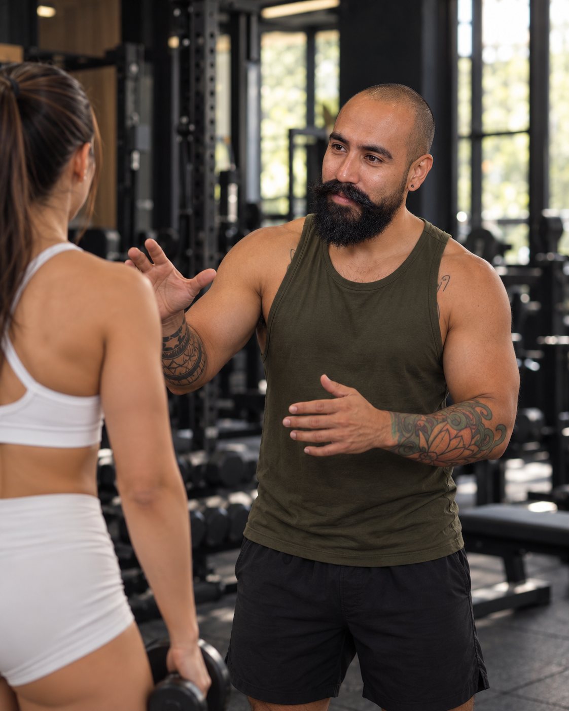 Coach Teo explicando la técnica de un ejercicio en el gimnasio
